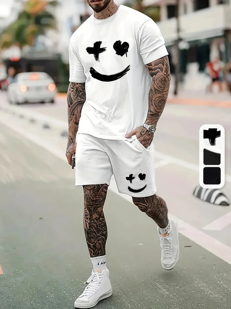Men's Summer Short Sleeve Set Hip Hop Cartoon Bear Print Short Sleeve Top Shorts Casual Two-piece Outdoor Urban Street Fashion