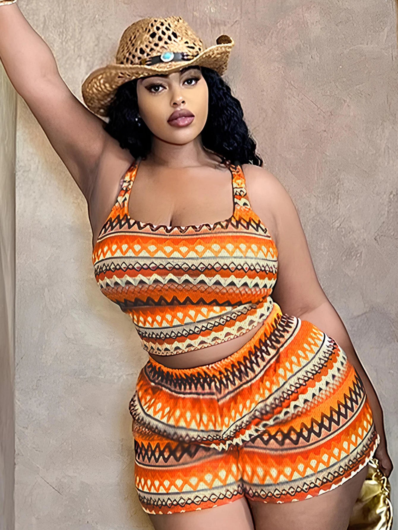 LW Plus Size shorts sets Cami Geometric Print Knit Shorts Set summer sleeveless cami tank + shorts sets casual Two pieces set