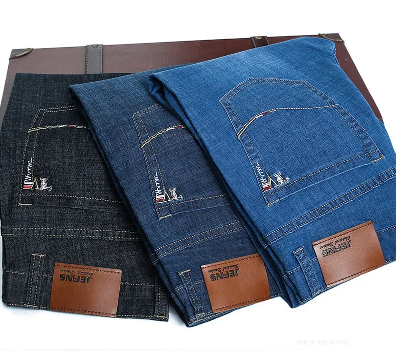Summer Thin Men's Straight Jeans Classic Black Blue Stretch Casual Business Baggy Denim Pants Male Brand Trousers