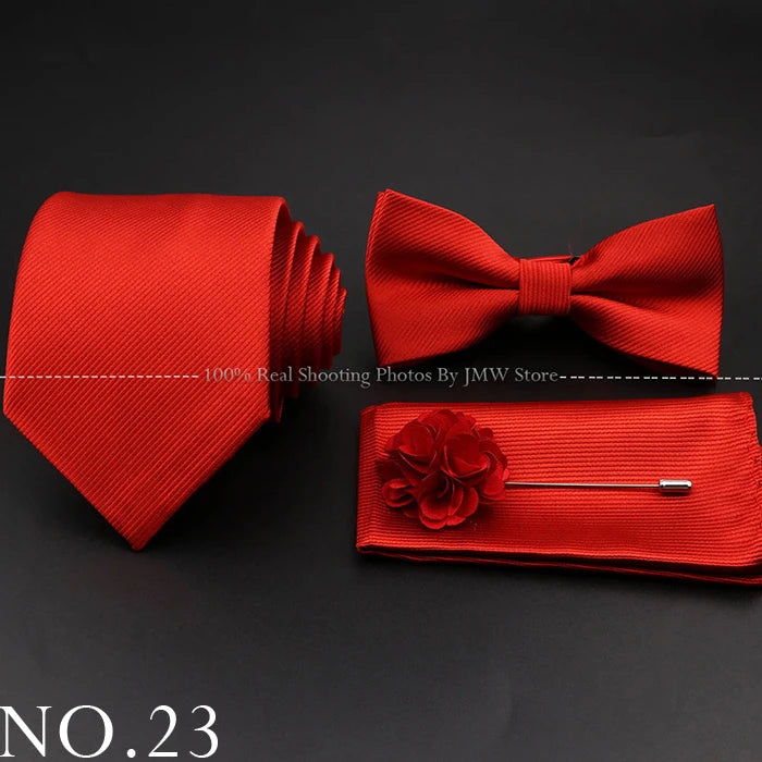 Hot Sale Red Blue Tie Set Polyester Slim Striped Necktie Bowtie Cufflink Brooch For Groom Suit Wedding Cravat Shirt Accessory
