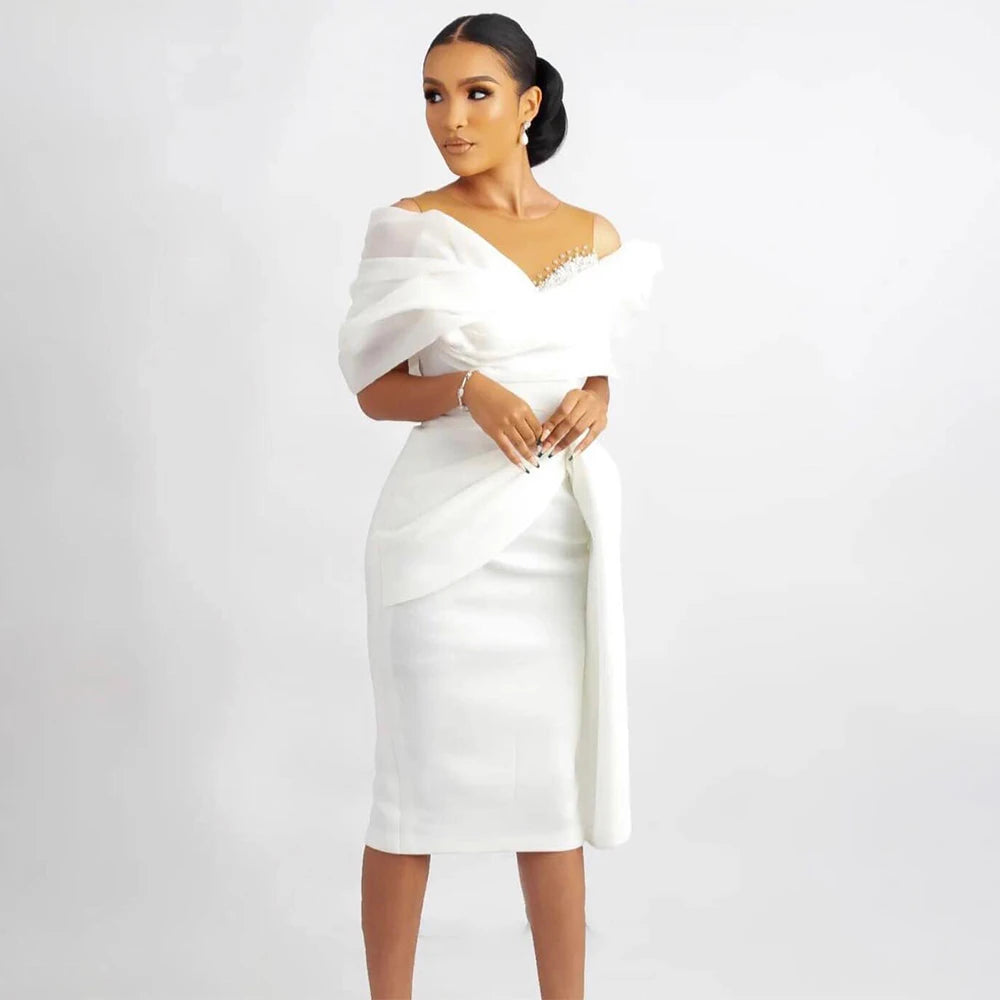 Short Wedding Dress White Off the Shoulder Sheath/Column Wedding Gown for Women 2023 Bride Knee Length Beaded Simple Bridal Gown
