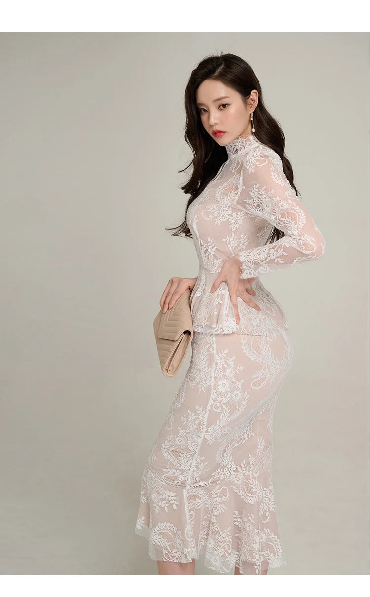 Spring Professional Woman Lace 2 Pieces Set Simple Tops + Vintage High Waist Mermaid Skirt Korean Skirts Suits