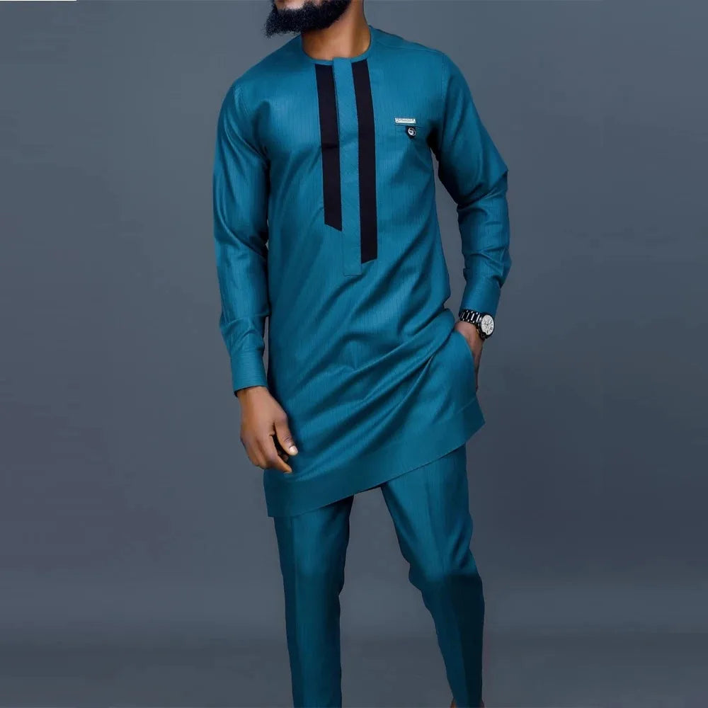 Kaunda Men's Suits Kaftan Outfits Round Neck Striped Print Long-sleeved African Ethnic Style Men's Sets Traditional Clothing