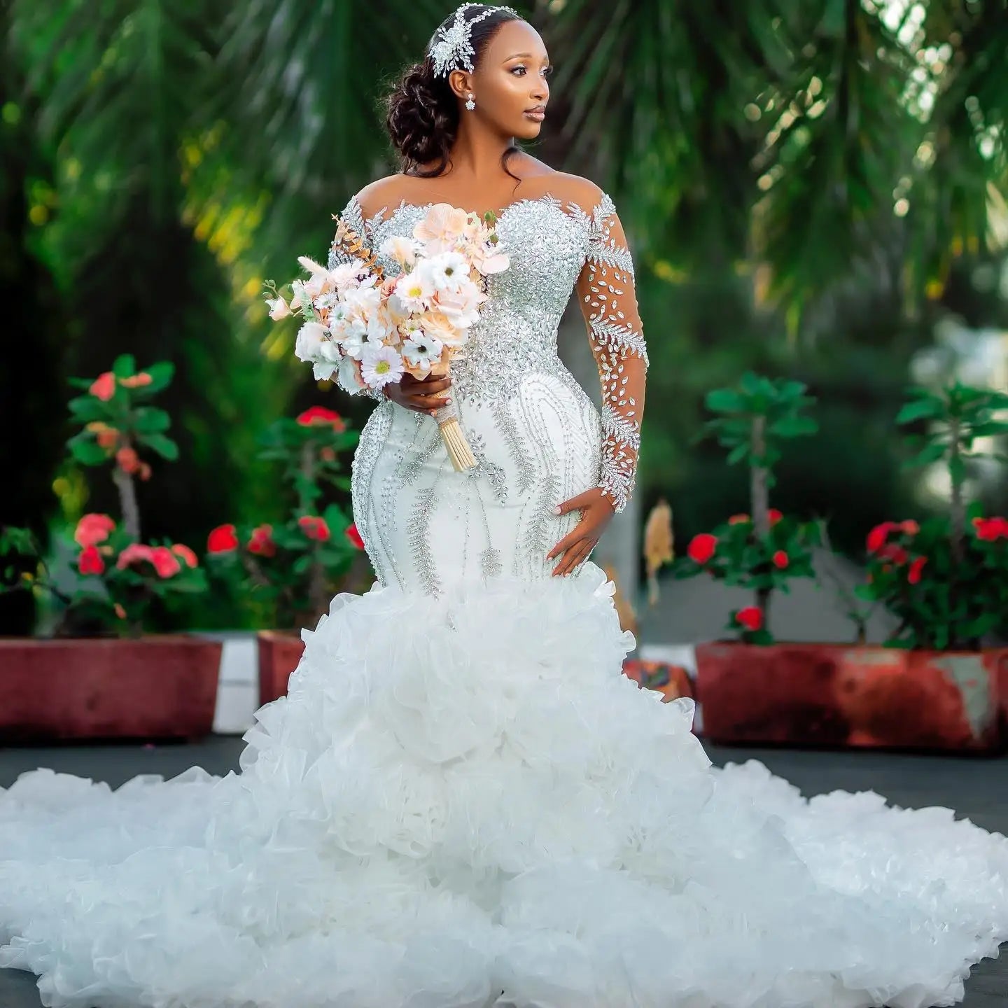 Customized Spark Crystals Rhinestones Garden Mermaid Wedding Dress African Long Sleeves Multi-Layered Ruffles Bridal Gowns