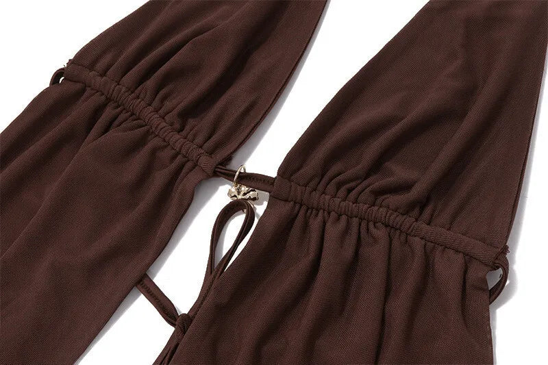 Mozision Hollow Out Lace-up Sexy Skirt 2 Piece Sets Women Brown Halter Crop Tops And Maxi Skirt Female Skinny Sexy Two Piece Set