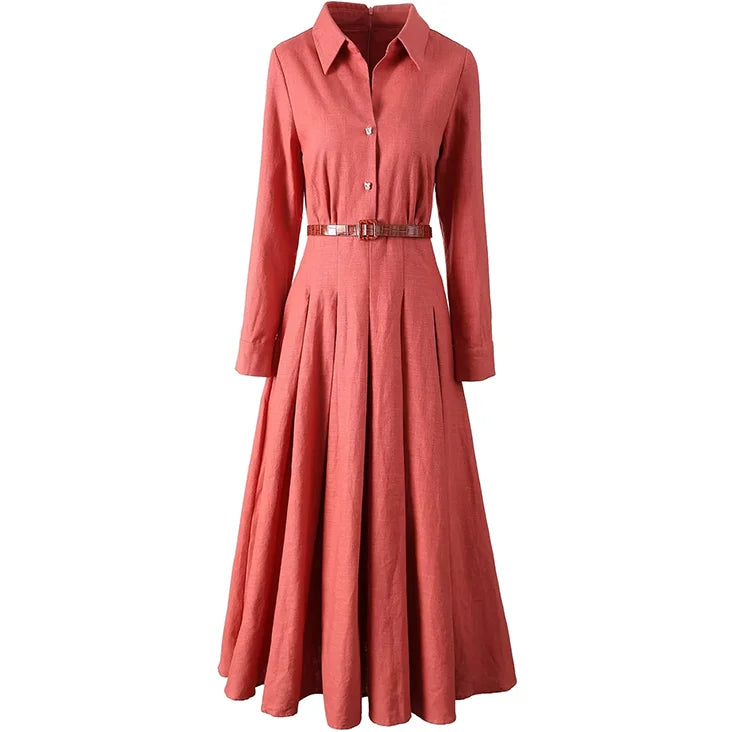 LD LINDA DELLA Elegant Commuter Solid Color Women's Dress Autumn Winter Turn-Down Collar Lace-UP linen long sleeves Dresses