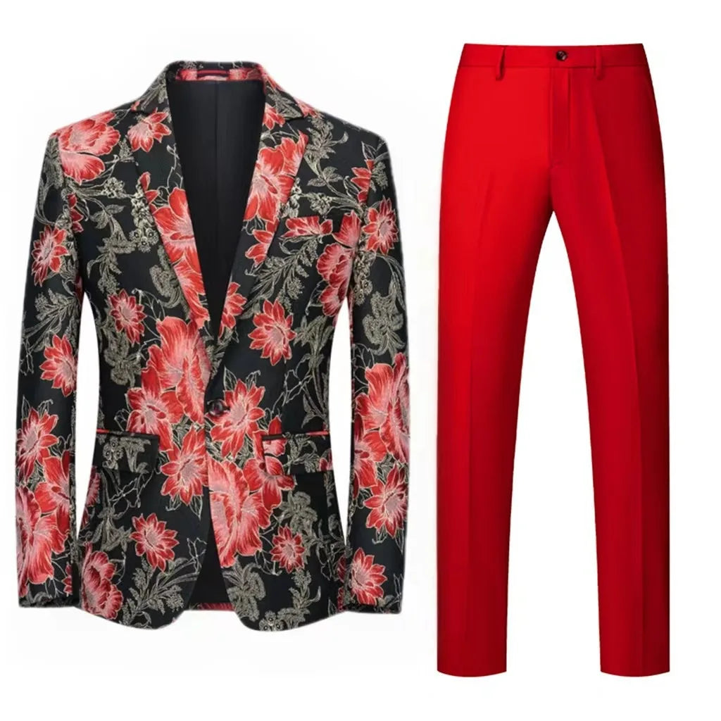 Men Suit 2 Pieces Orange Flower Pattern One Button Business Casual For Wedding Birthday Party Set Jacket And Pants