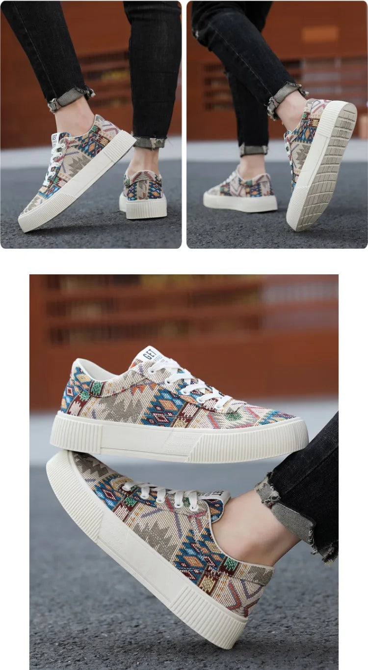 Sneakers Men 2025 New Spring and Autumn Ethnic Men's Shoe Low Top Retro Jacquard Flat Bottomed Board Shoes Oversized Mens Shoes