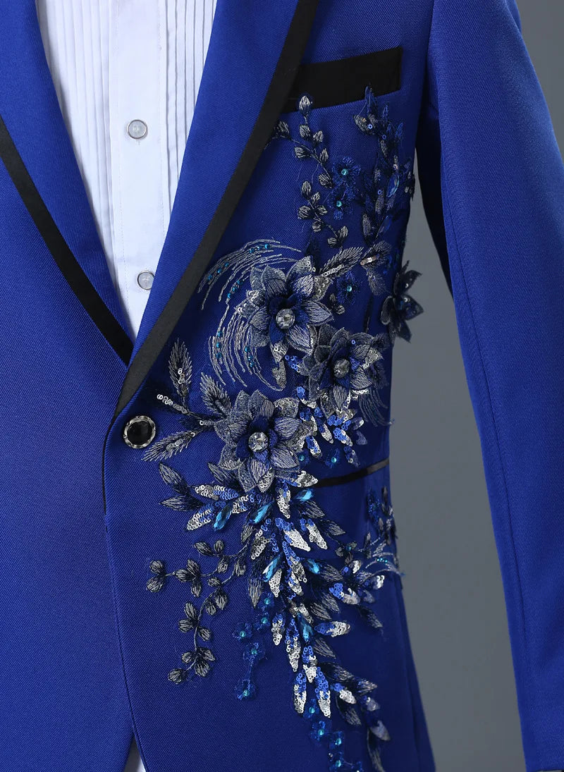 COLDKER Elegant Appliqued Mens Suits Slim Fit 2 Piece Formal Tuxedo Suits Blazer Pants with Bow Tie for Wedding Prom