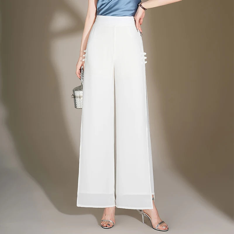 ZUZK Slit Chiffon Long Pants Summer Comfortable Elastic Waist Slim Double Layer Chiffon Pants Chic Droop Chinese Style Pants
