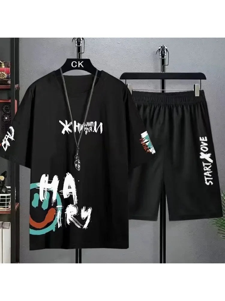 Men's Sets Summer Fashion tracksuits men's clothing Casual Ice Silk Men's Printed T-shirt+Shorts Trend Basketball Set sportswear
