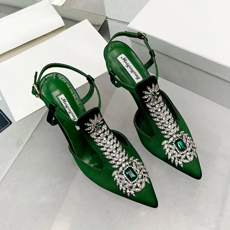 Ladies Wedding Shoes Rhinestone Pointed Toe High Heels Satin Gemstone Stiletto Sandals 2022 New Baotou Fairy Pump Wedding Shoes