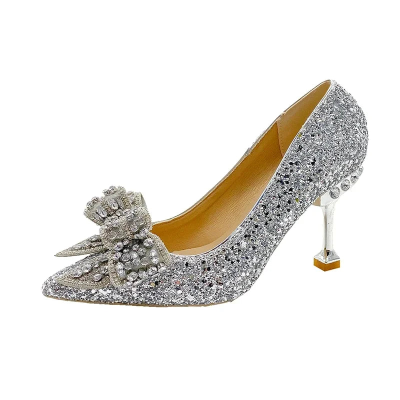 Women's Rhinestone Wedding Shoes New Year Shoes Luxury Buckle Decorative Banquet Women's Shoes High Heels Gold Silver Red