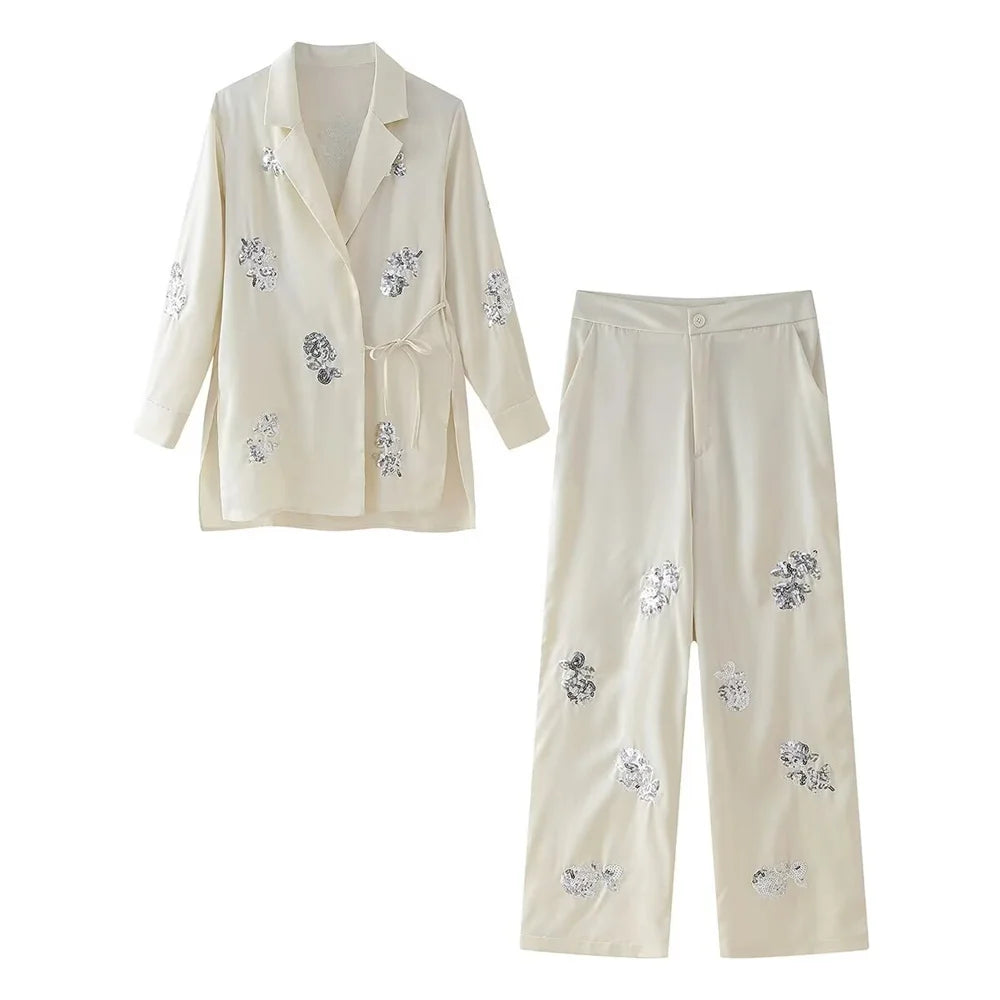 Zach Ailsa 2024 Summer New Product Women's Fashion Loose Lace up Suit Coat Beaded Silk Texture Long Pants Casual Set