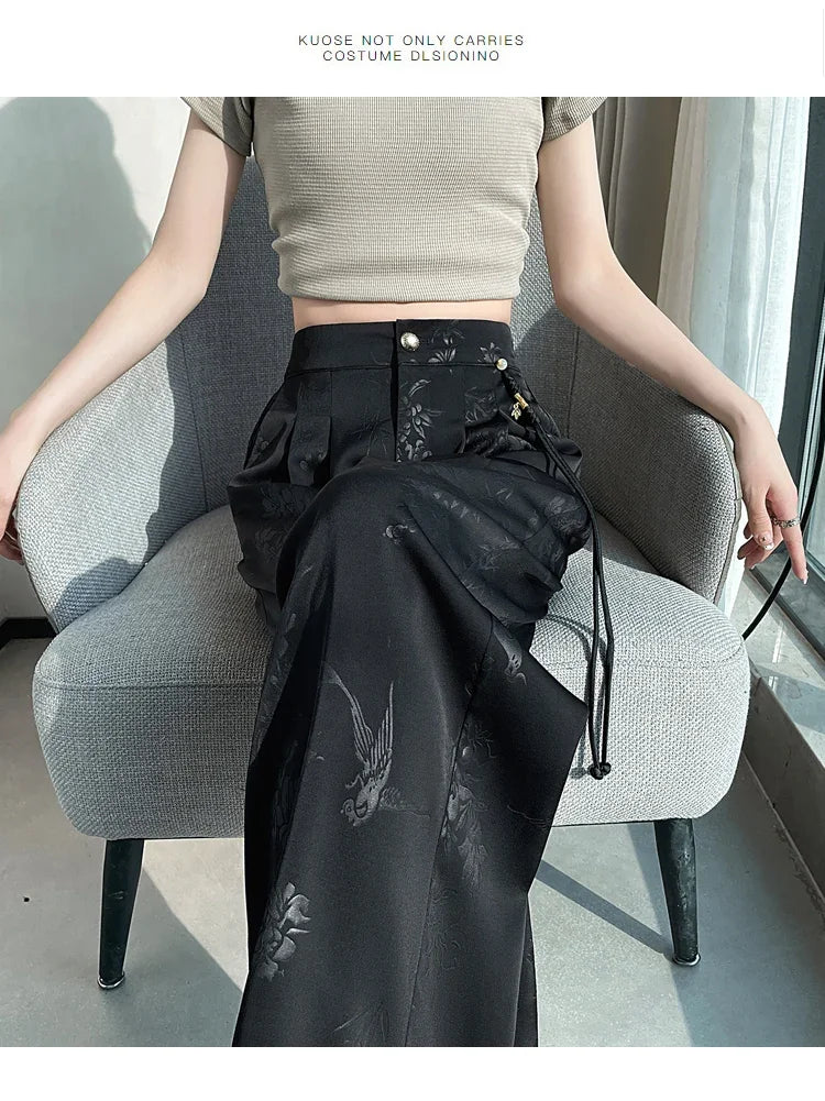 New Chinese Style Jacquard Wide Leg Satin Pants for Women Elegant Solid Office Lady Women's Casual Loose Pants Female