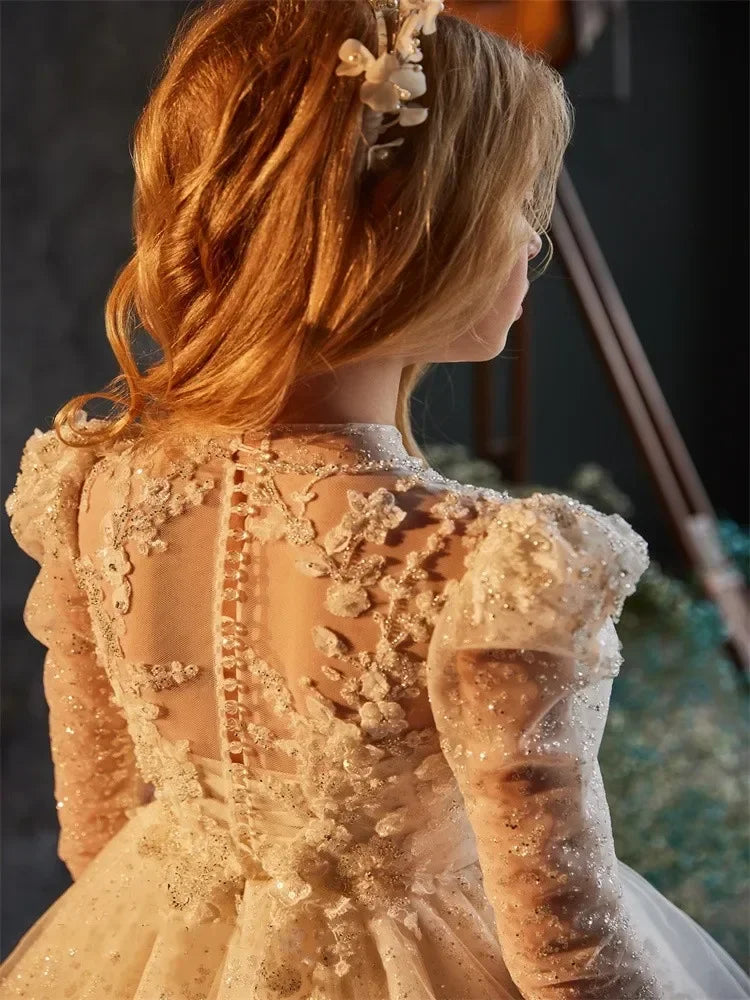 Flower Girls Dress For Wedding Party Butterfly Baptism Gowns Tulle Long Sleeve High Neck Appliques First Communion Gown