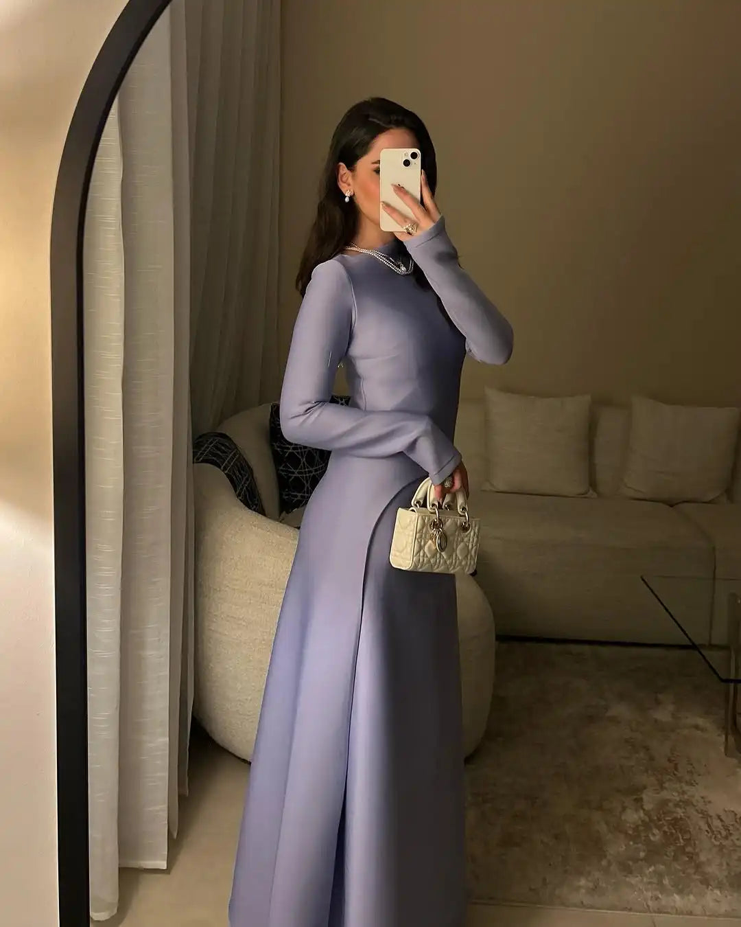 Customized Long Sleeves Evening Dresses O-Neck Prom Dresses Pleated Ankle Length Simple Party Dresses for Women