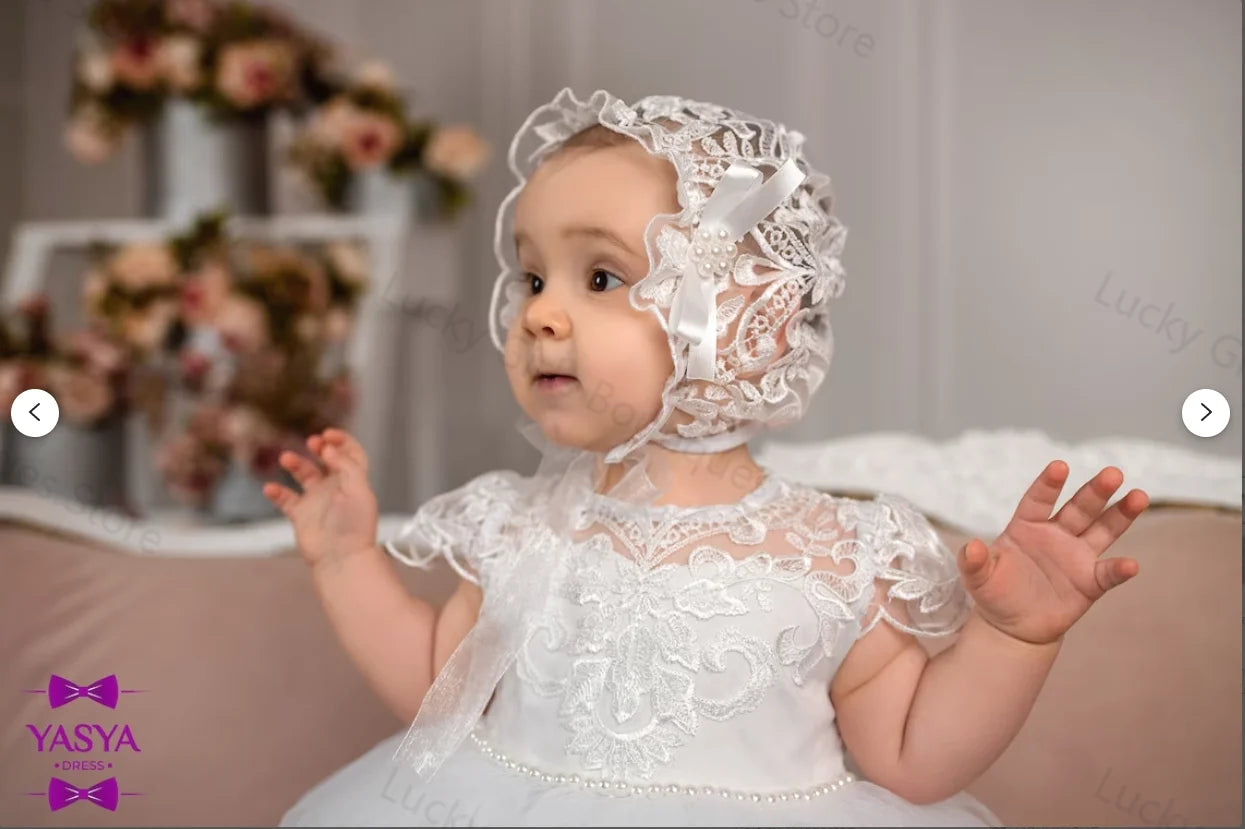 White Ball Gown Baby Christening Gowns Lace Appliques Bows Girls Baptism Pearls Newborn Kids Birthday First Communion Dresses