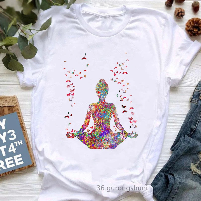 Newest Yoga Tree Print Tshirt Girls Summer Fashion Short Sleeve T Shirt Women Buddha Chakra Meditation T-Shirt Female Wholesale