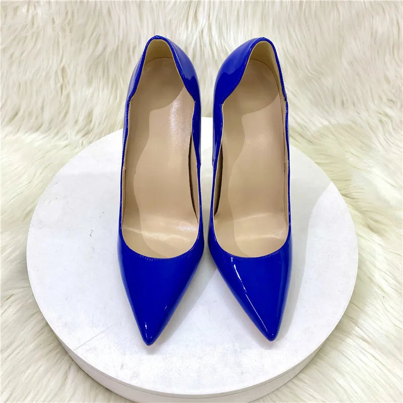 Elegant Glossy Black Curl Cut Women Pointy Toe 12cm High Heel Shoes Sexy V Cut Lady Party Wedding Stiletto Pumps Size 45