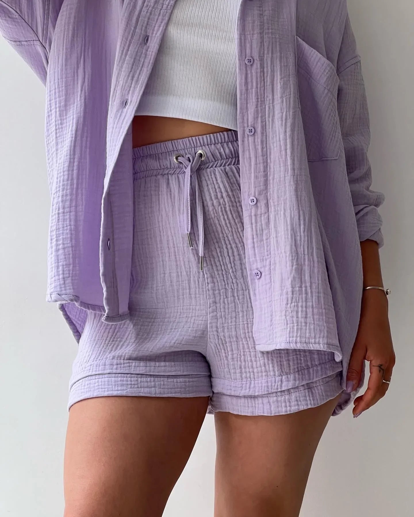Short Sets Women Tracksuit Single Breasted Cardigan Blouses Two Pieces Shorts Loose Button High Street Solid Pockets Folds