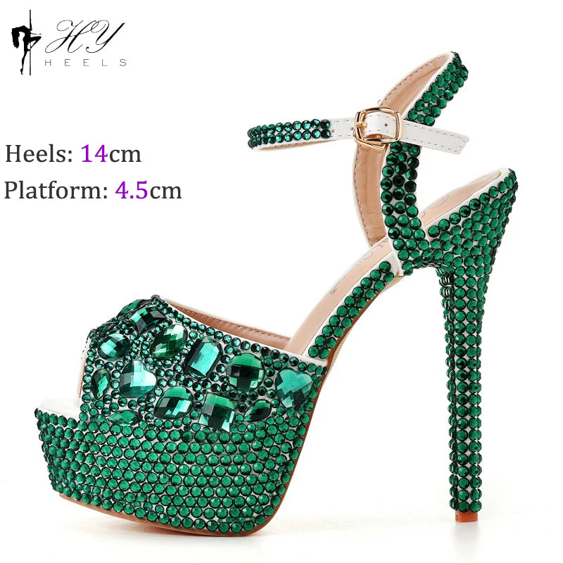 Fashion Diamond Wedding Shoes Ladies 14cm Heels Open-toed High-heeled Waterproof Platform Party Shoes Women
