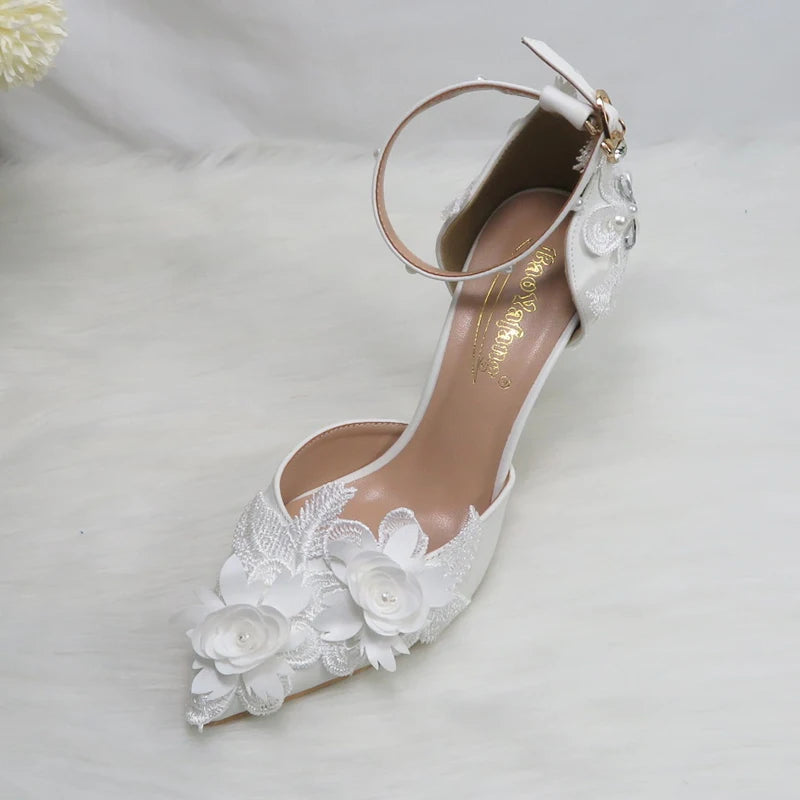 BaoYaFang White Flower Pumps New arrival womens wedding shoes Bride High heels platform shoes for woman ladies party dress shoes