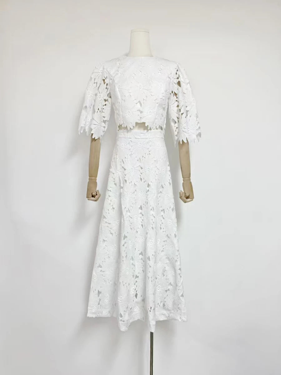 VGH Embroidery Two Piece Set for Women O Neck Batwing Sleeve Top High Waist Hollow Out A Line Long Skirt Elegant Suit Female New