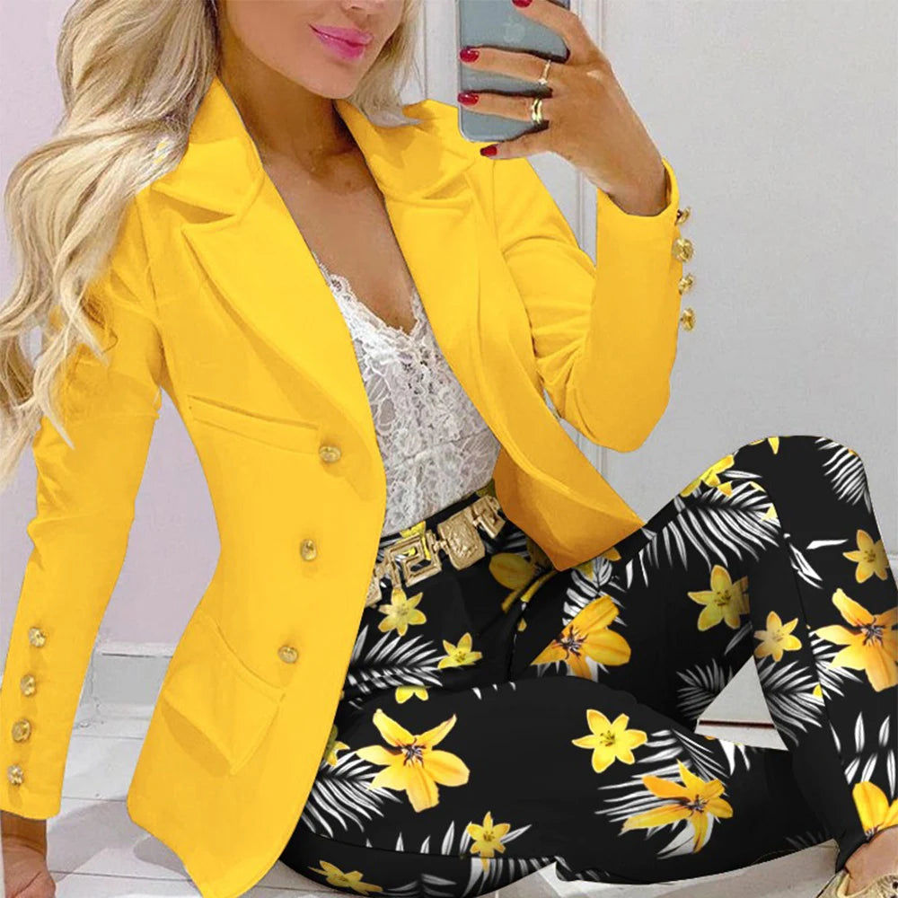 Fashion Butterfly Print Blazer Suit and Pants Two Piece Set for Women 2023 Autumn Winter Outfit Office Lady Casual Clothing