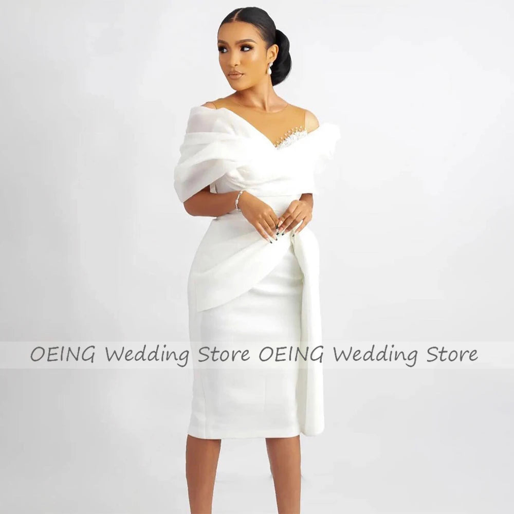 Short Wedding Dress White Off the Shoulder Sheath/Column Wedding Gown for Women 2023 Bride Knee Length Beaded Simple Bridal Gown