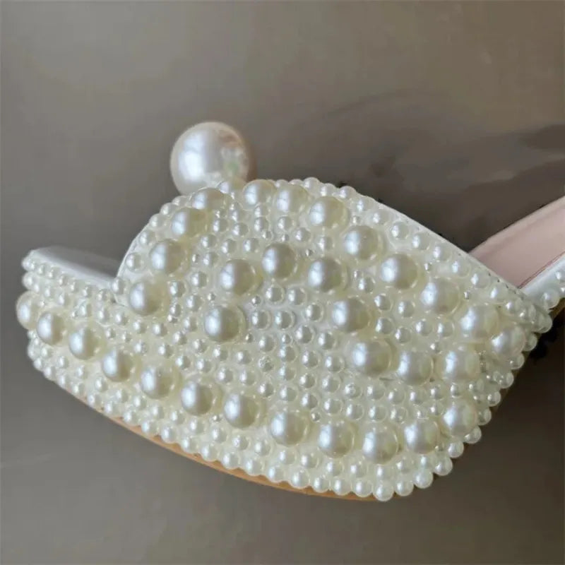 Fully Handmade Luxury Pearls Thick Heeled Peep toe Women Sandals Summer Fashion Platform Wedges High heels Wedding Banquet Shoes