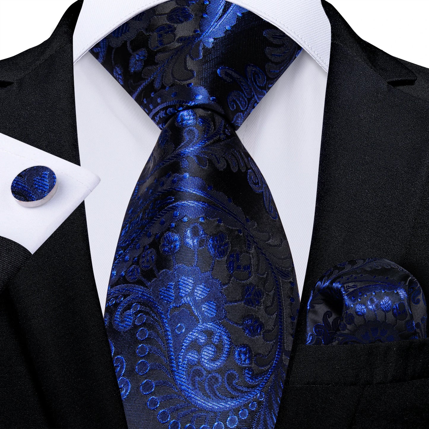 Royal Blue Paisley Plaid Striped Men tie Set with Handkerchief Cufflinks Wedding Prom Groom Accessories Perfect Gift for Men