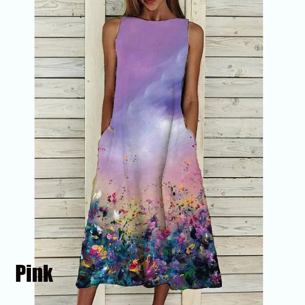 2023 Summer Women Clothing Fashion Elegant Sleeveless Print A-Line Dress Round Neck Casual Party Dresses Girls Sweet Dress