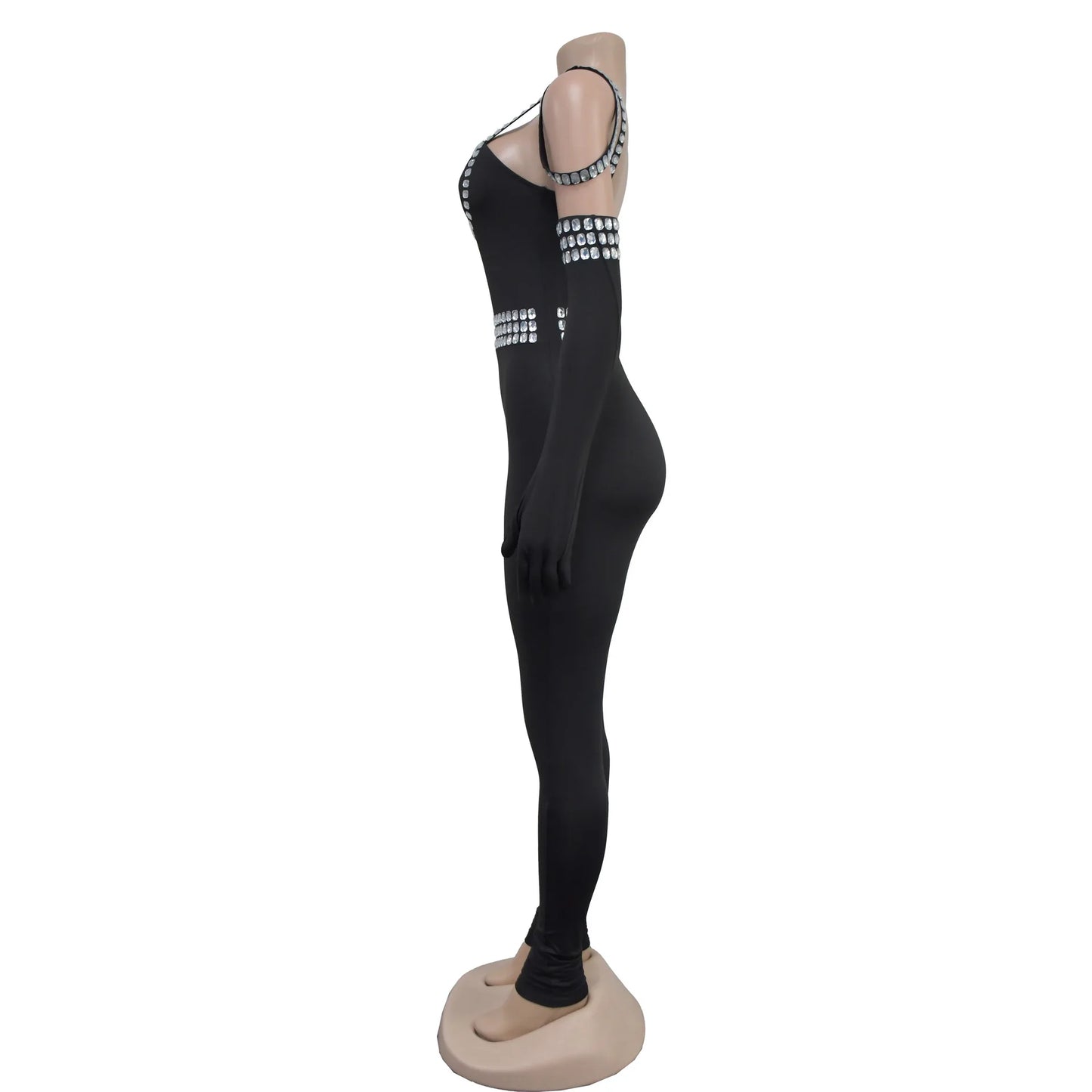 CM.YAYA Women Diamonds Hot Rhinestones Sexy Strap Long Sleeve Jumpsuits Streetwear Club One Piece Overall Rompers with Gloves