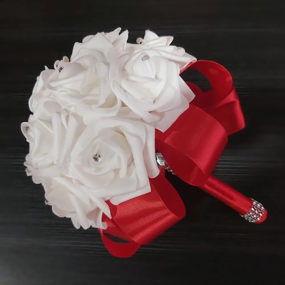 Romantic Rose Flower Bouquet PE Flower Satin Bridal Wedding Bouquet Simulation Artificial Rose Flower Bridal Wedding