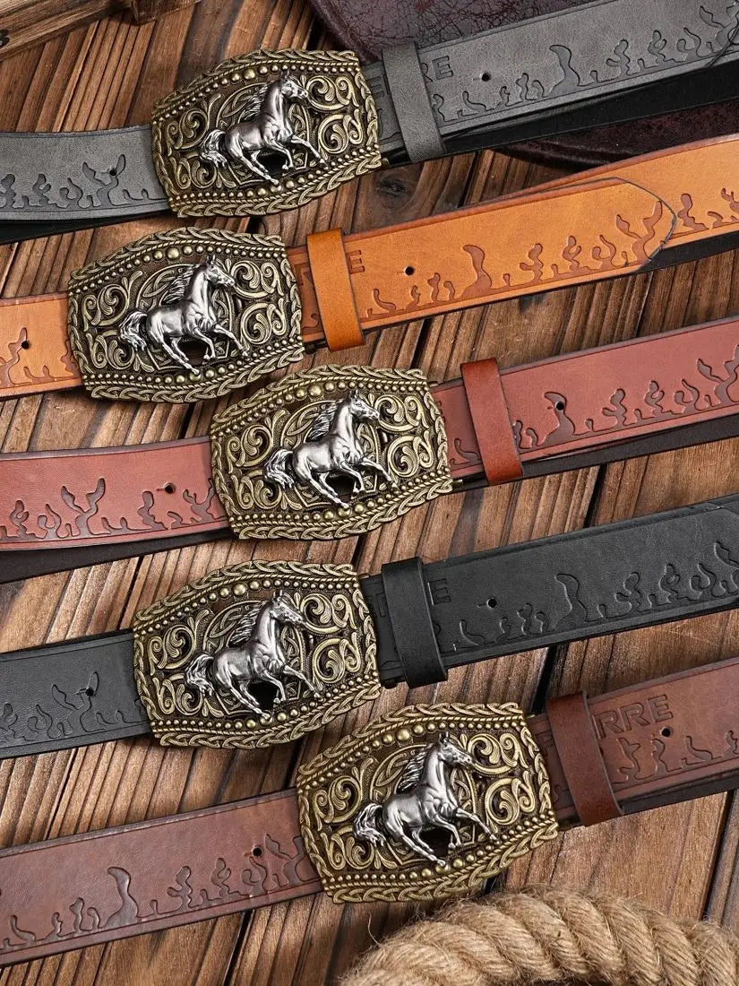 Western Cowboy PU Leather Belt - Men Waist Strap Bull Decoration Floral Engraved for Jeans