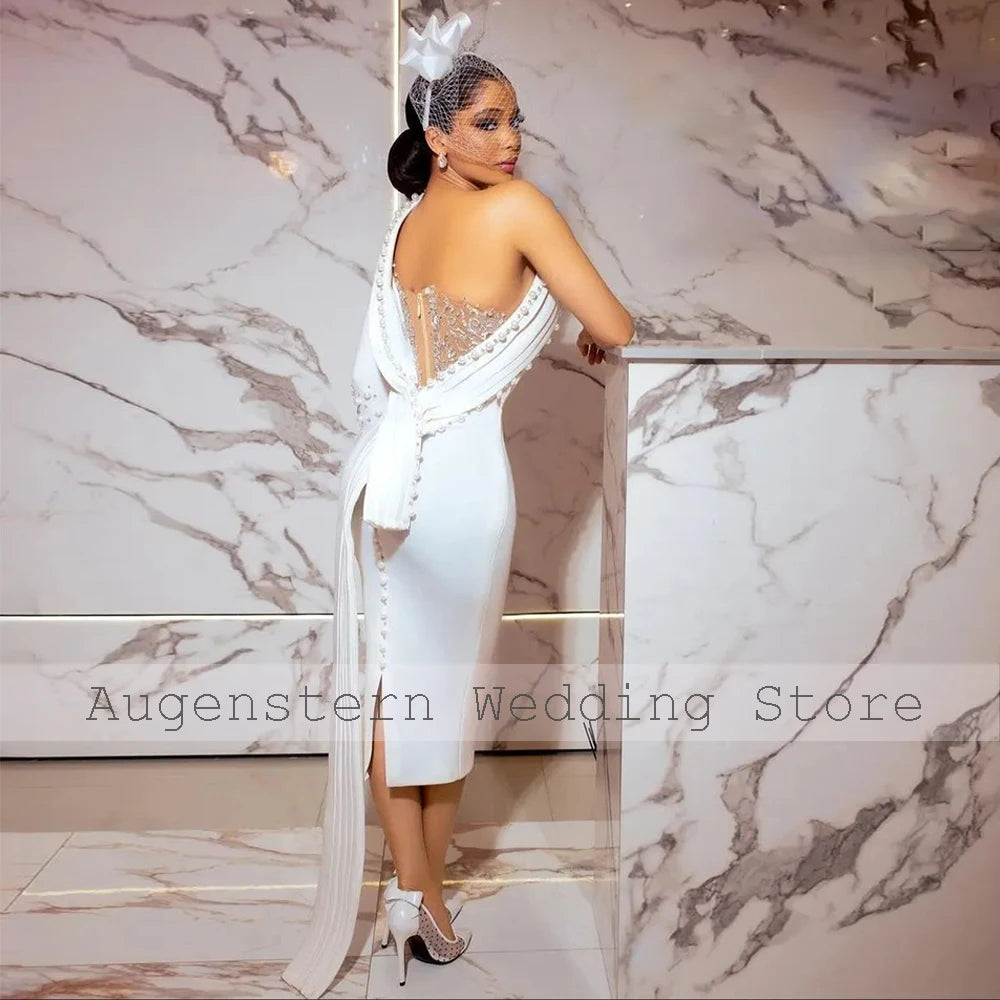 Civil Wedding Dress for Women One Shoulder Feather Long Sleeve Court Gowns Midi Sheath Pearl Applique Bridal Short