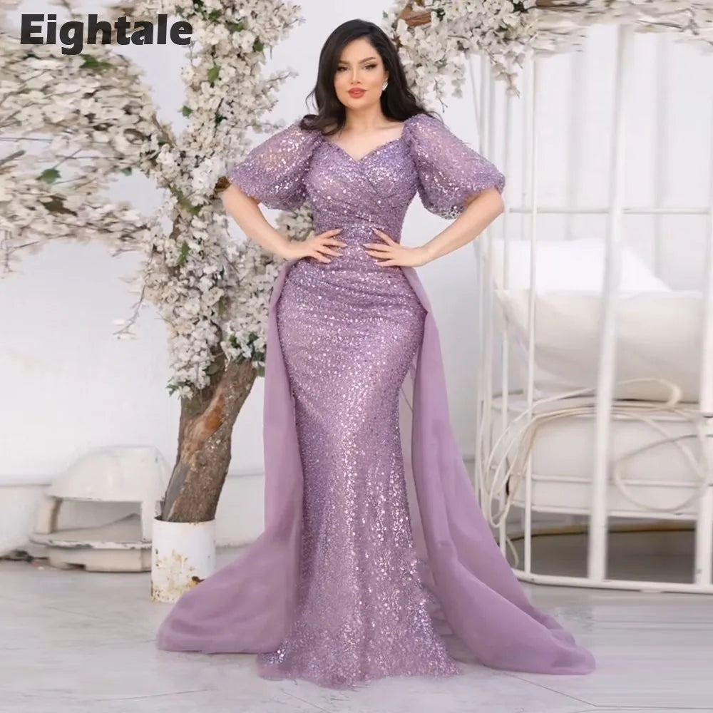 Eightale Violet Evening Dresses V-Neck Short Sleeves Robes De Soirée Sequined Customized Mermaid Prom Gown Wedding Party Dress