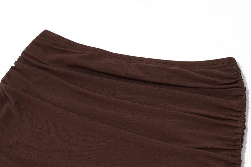 Mozision Hollow Out Lace-up Sexy Skirt 2 Piece Sets Women Brown Halter Crop Tops And Maxi Skirt Female Skinny Sexy Two Piece Set