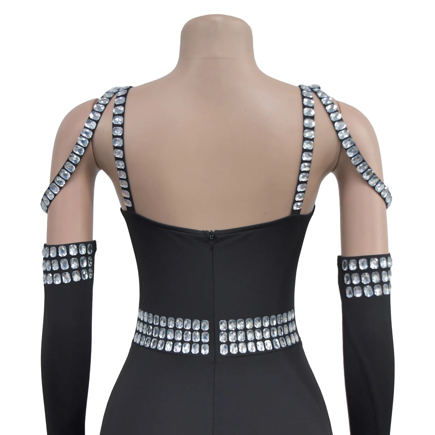 CM.YAYA Women Diamonds Hot Rhinestones Sexy Strap Long Sleeve Jumpsuits Streetwear Club One Piece Overall Rompers with Gloves