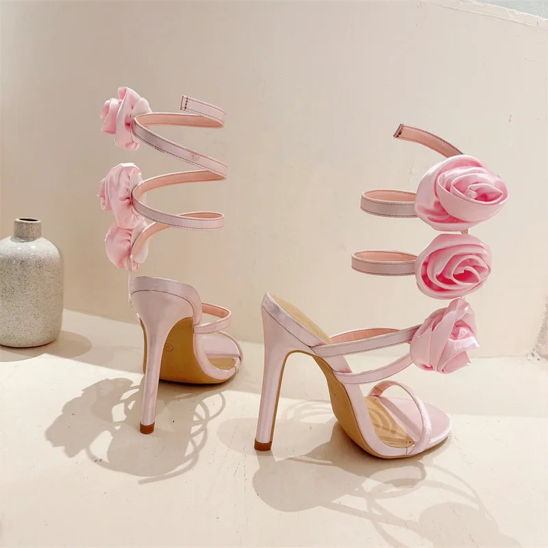Liyke Elegant Women Wedding Banquet Shoes Fashion Silk Flowers Designer Sandals Female Open Toe Slip On Ankle Strap High Heels