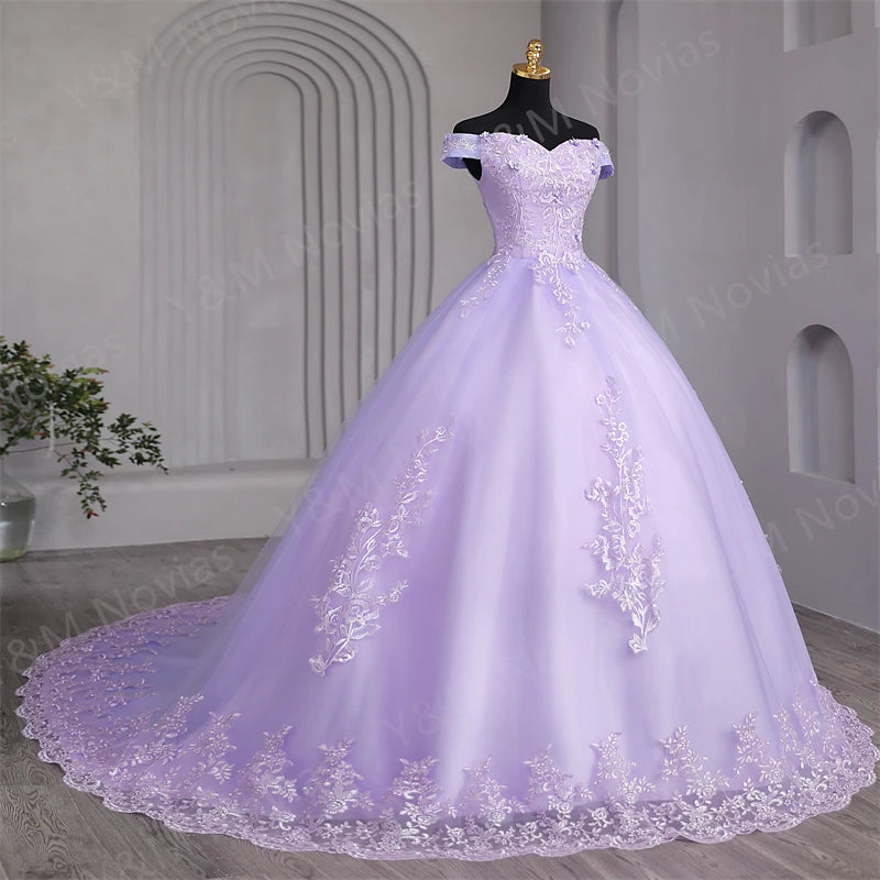 Customized Color Sweet 16 Dress Pink Off Shoulder Plus Size Vestido De Noiva Purple Quinceanera Dress Ball Gown Flower Women
