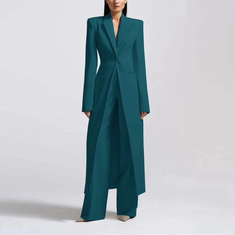 Fashion Beige Women's Blazer PantsSuit Peak Lapel Long Coat Wedding Formal Suits Office Lady Jacket Pant 2 Piece