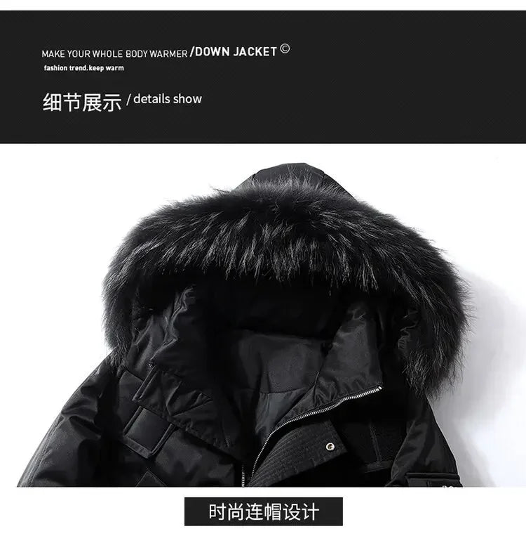 Men's Thickened Down Jacket Hooded Faux Fur Collar Winter Long Parka Jacket Outdoor Street Fashion Jacket Men's Clothing 2024