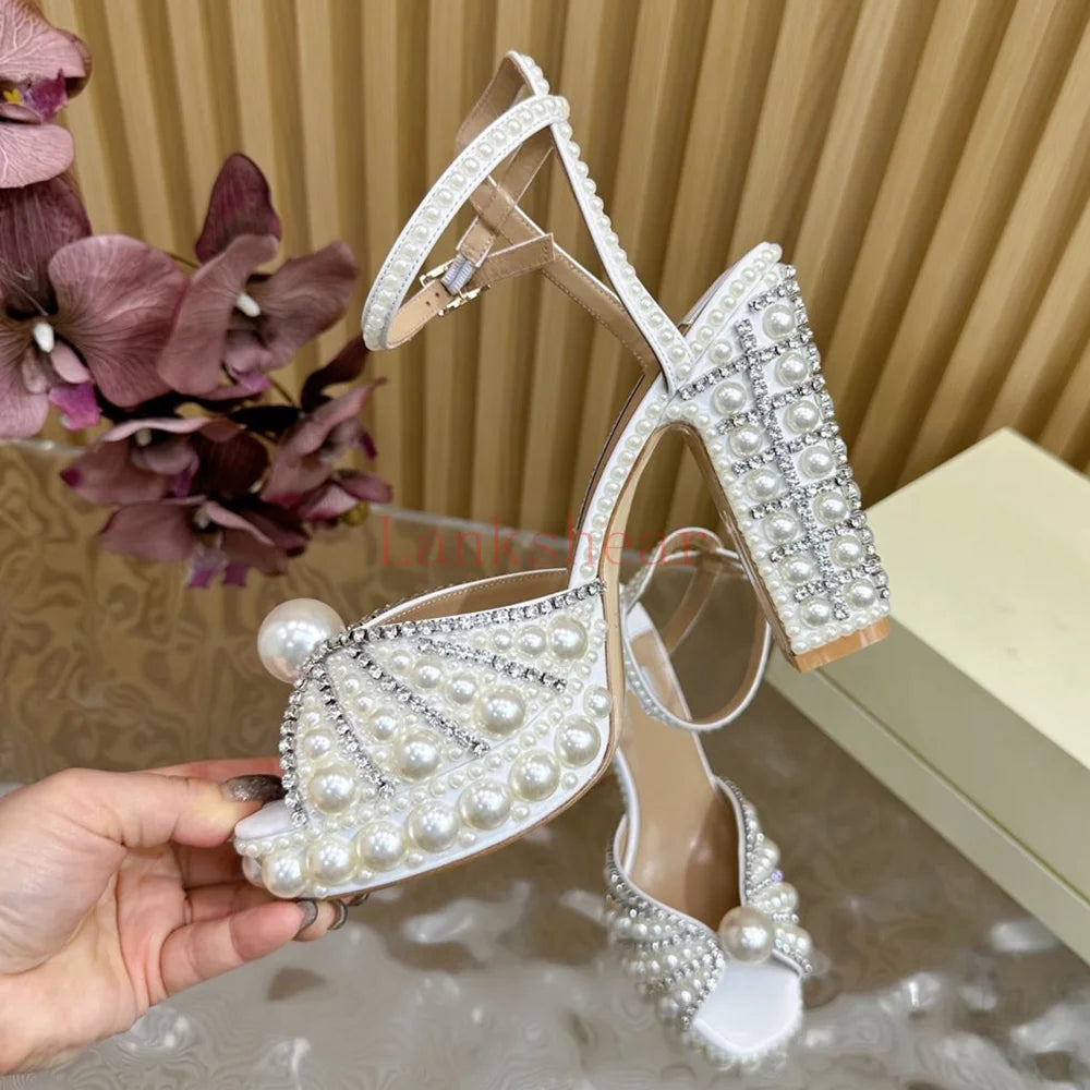 Pearl Crystal Platform Sandals Sexy Square Teoe Thick Heel Anke Strap New Arrivasl Fashion Women Modern Runway Shoes