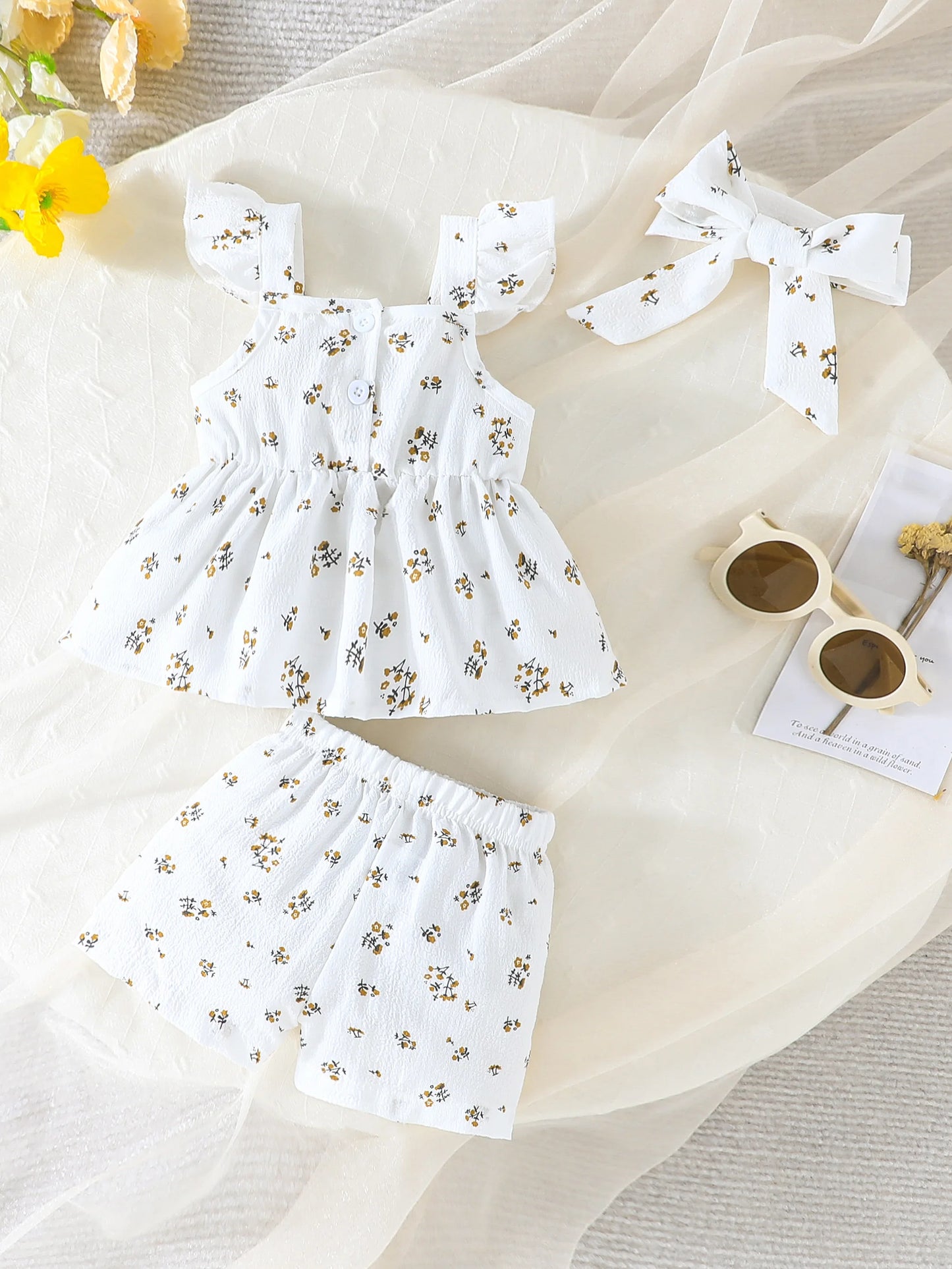 Sweet Girl's Clothing Set - Sleeveless Ruffled - shoulder Blouse with Floral Motifs, Matching Floral - print Shorts, and a Coord