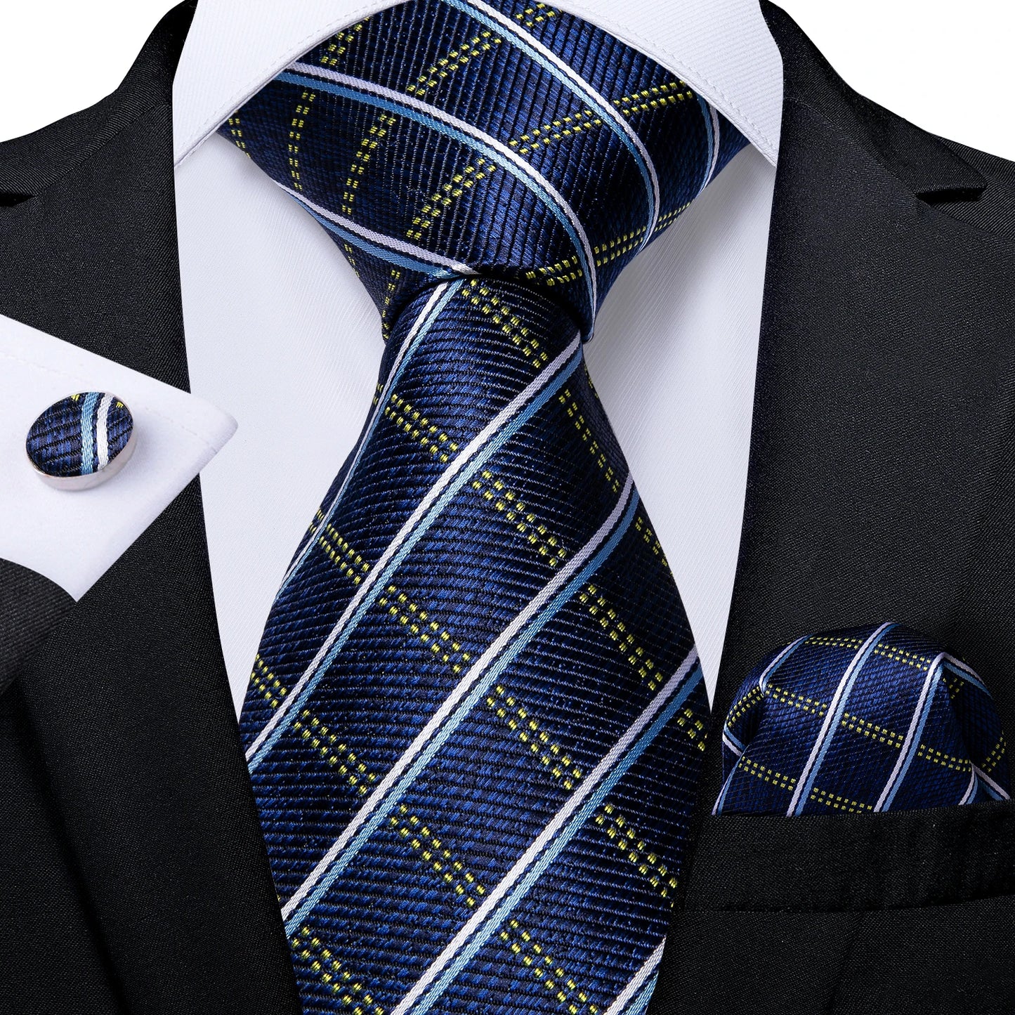 Royal Blue Paisley Plaid Striped Men tie Set with Handkerchief Cufflinks Wedding Prom Groom Accessories Perfect Gift for Men