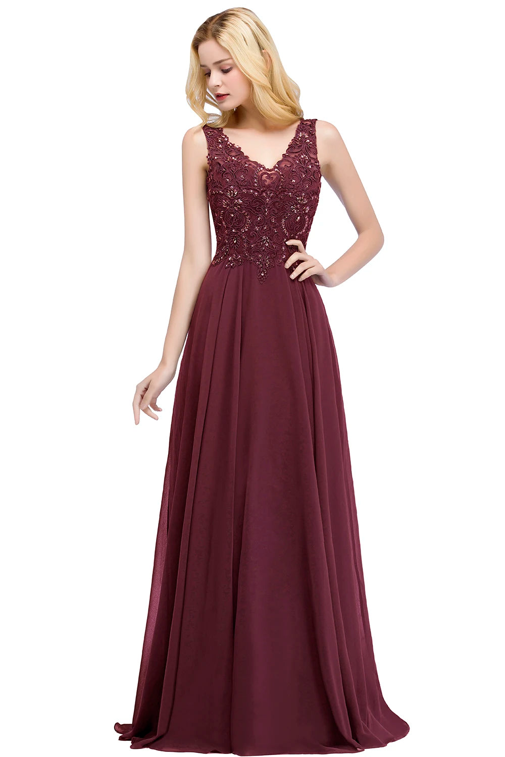 BABYONLINE Halter Neckline Lace Pearls Bodice Bridesmaid Dress Long Floor-length Skirt Chiffon Sexy Open Back Wedding Clothes