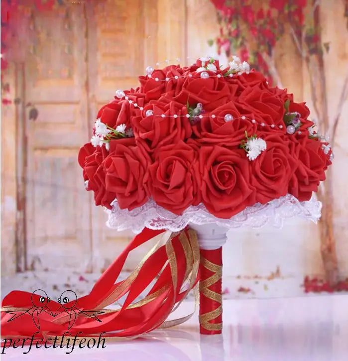 Perfectlifeoh Burgundy Wedding Bouquet Pink/Red/White/Royal Blue Bridal Bridesmaid Artificial Flower Rose Bride