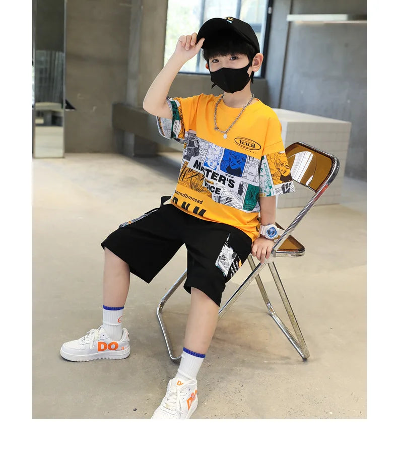 Summer Boys Cotton Alphabet Picture Printed T-Shirt Tops+Shorts Pant School Kids 2PCS Tracksuit Child Outfits Workout Set 3-16Yr